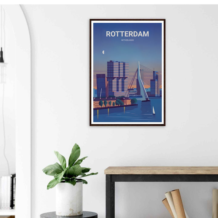 A Rotterdam poster twilight skyline print showing the Erasmus Bridge and De Rotterdam towers over a river at dusk. This European wall art is sold framed or as a canvas by MapYourDreams.