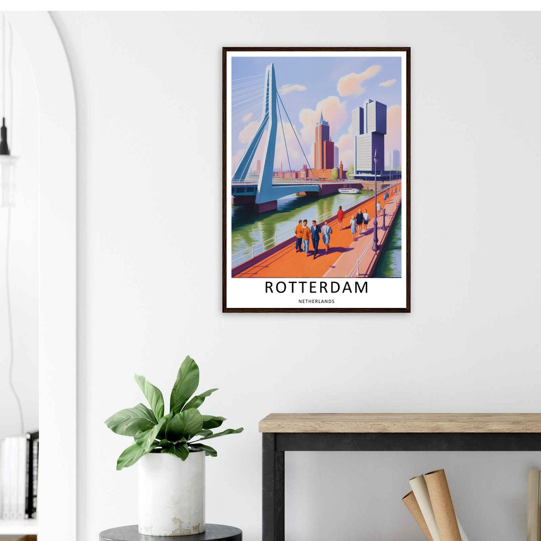 A Rotterdam art print boardwalk promenade scene showing pedestrians walking along a coral-orange path next to the river. This European wall art is sold framed or as a canvas by MapYourDreams.