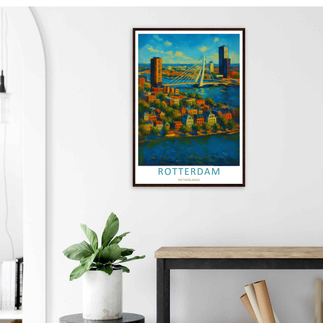 Modern Dutch skyscrapers and a scenic historic neighborhood pathway resting under a textured painted sky design. This beautiful wall art makes an excellent housewarming gift as a canvas print, framed poster, or simple print.