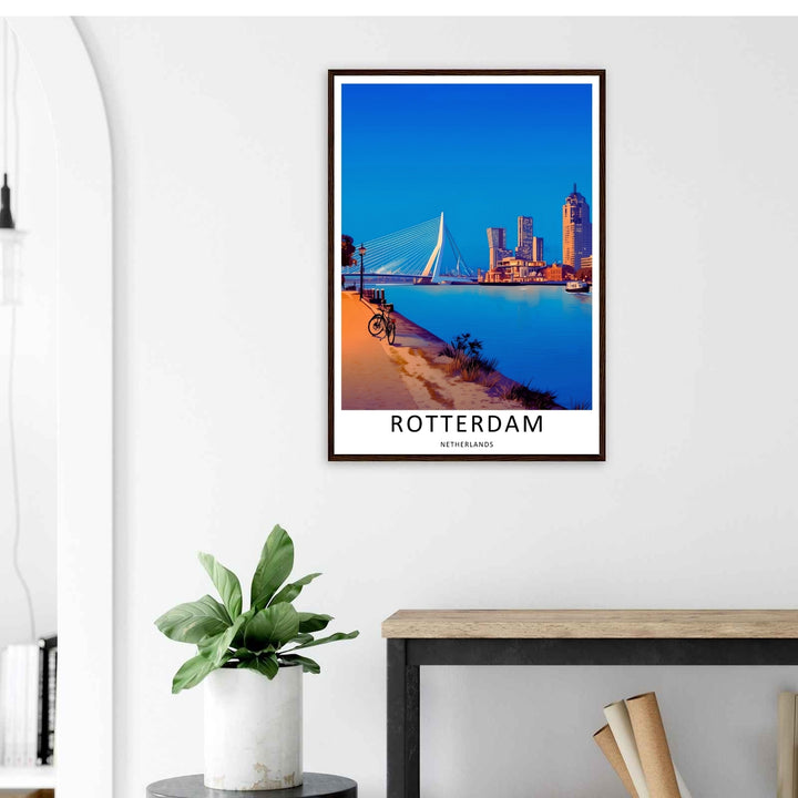 Netherlands contemporary city skyscrapers and an evening harbor landscape creating a unique artistic gallery wall scene. Upgrade your living room wall decor with this MapYourDreams design, available as a framed print or stretched canvas.