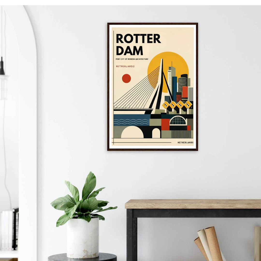 Rotterdam graphic art capturing a clean white border layout, bold primary color blocks, and minimalist structural details. This poster makes great modern home wall art as a canvas, framed print, or poster.