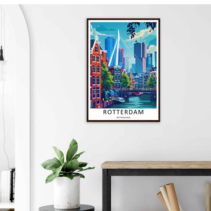 Textured look at a contemporary travel poster with deep orange masonry, white bridge cables, and clean city architectural lines. A striking harbor wall print available from MapYourDreams as an unframed poster, framed art, or canvas.