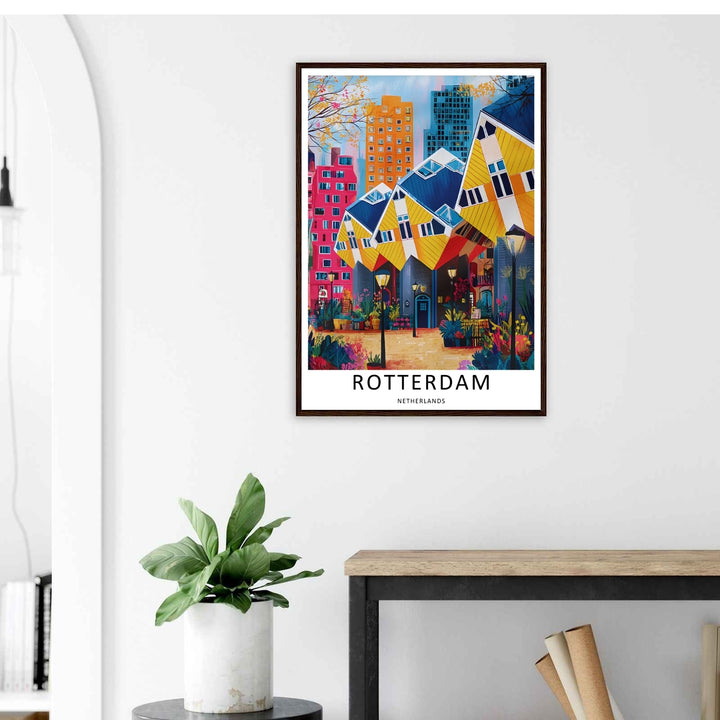 Artistic European cityscape print showing a panoramic view of Piet Blom architecture beneath a bright morning sky. A scenic travel poster from MapYourDreams, crafted expertly as an unframed print, wood-framed art, or canvas.