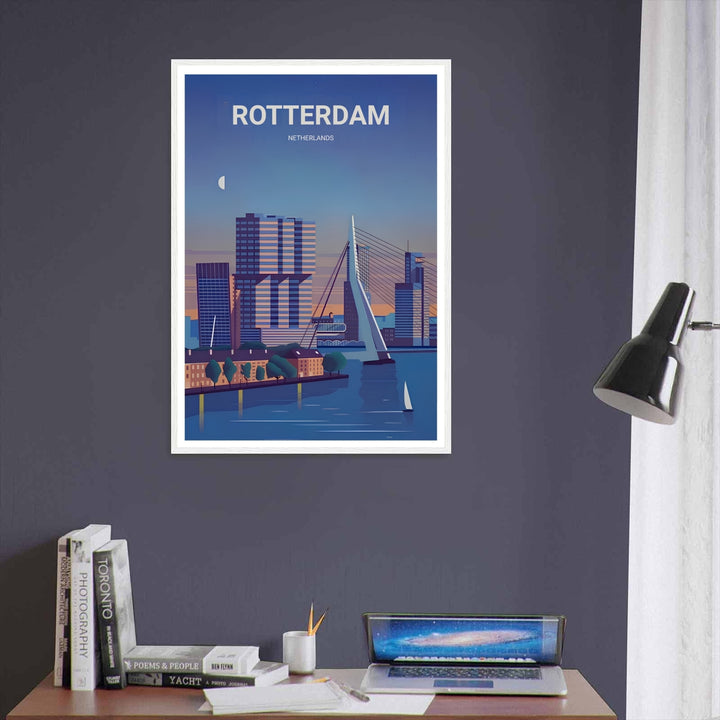 Netherlands modern travel artwork featuring a sleek asymmetric bridge and geometric skyscrapers under a crescent moon sky. An elegant graphic style piece offered as a premium framed poster or canvas wrap.