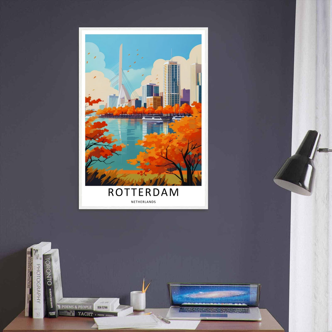 Netherlands seasonal travel artwork featuring golden fall foliage and modern downtown high-rises under a clear sky. An elegant graphic style piece offered as a premium framed poster or canvas wrap.
