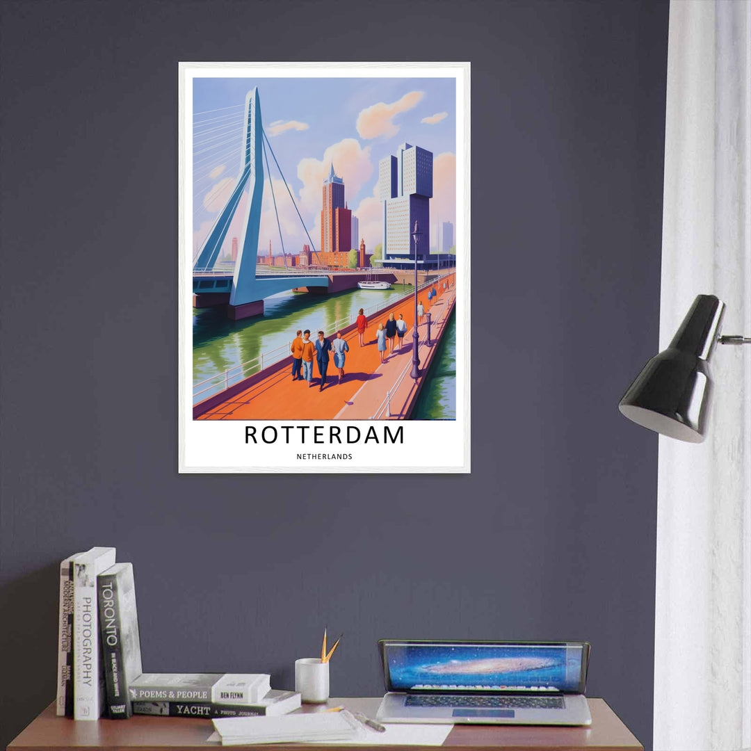 Netherlands daytime travel artwork featuring a vibrant sunlit urban walkway and modern downtown high-rises under a clear sky. An elegant graphic style piece offered as a premium framed poster or canvas wrap.