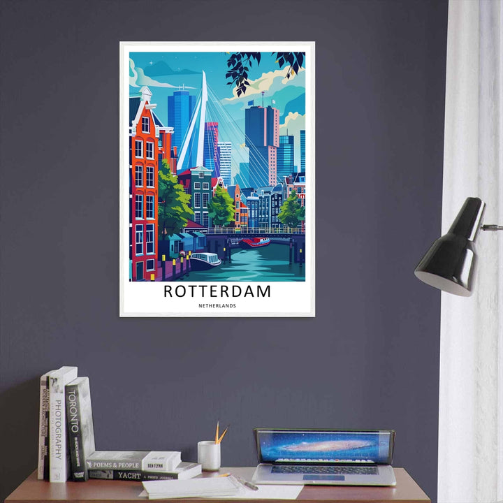 Dutch canal-side harbor scene depicting a quiet blue tour boat docked under an old brick arched bridge. This MapYourDreams decorative print can be purchased as an unframed poster or custom framed art.