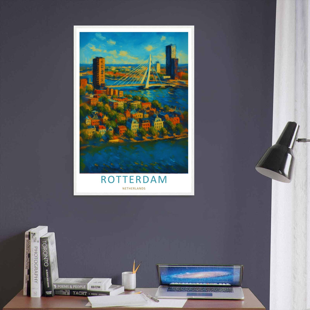 Netherlands painterly style travel artwork featuring a textured impasto skyline and historical coastal buildings under a bright sky. An elegant fine art piece offered as a premium framed poster or canvas wrap.