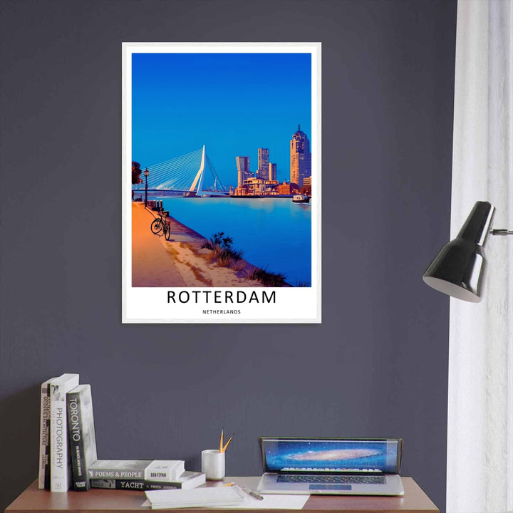 Rotterdam graphic art capturing a clean white border layout, rich twilight purple and blue tones, and glowing window facades. This poster makes great modern home wall art as a canvas, framed print, or poster.