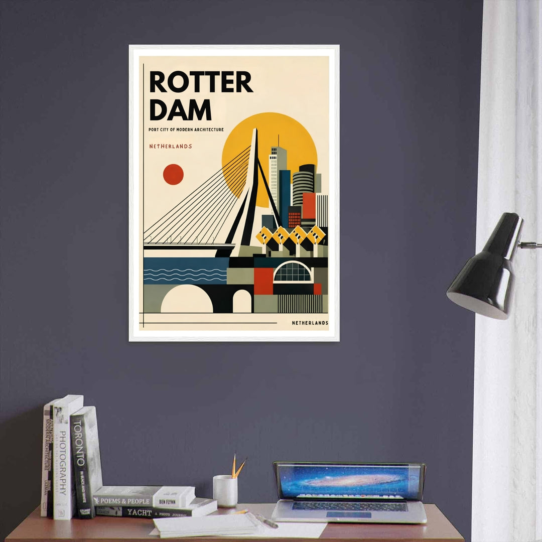 Netherlands avant-garde travel artwork featuring a flat vector design of the Erasmus Bridge and port skyscrapers. An elegant graphic style piece offered as a premium framed poster or canvas wrap.