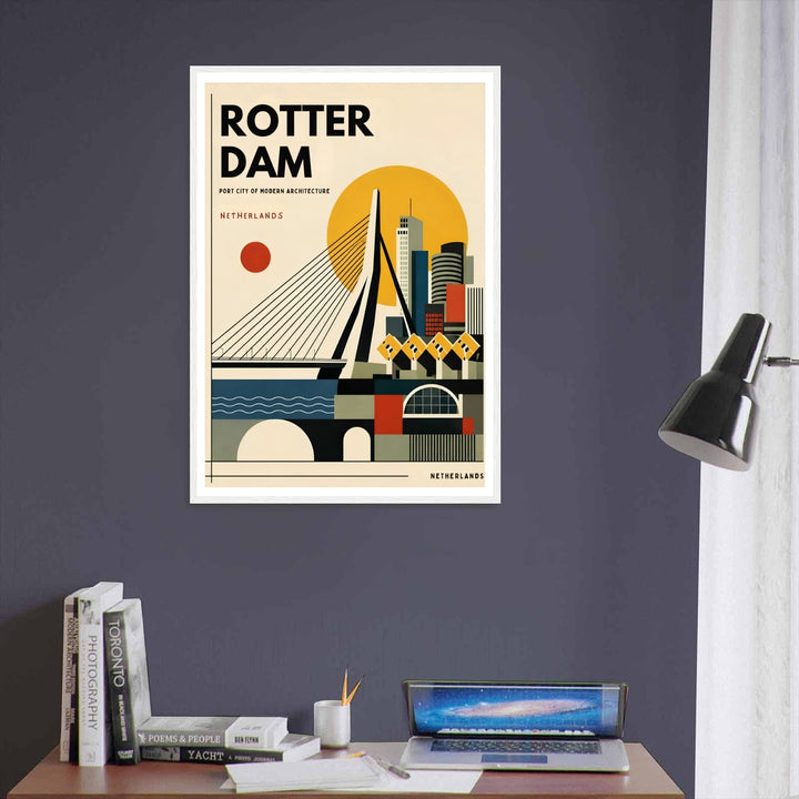 Netherlands avant-garde travel artwork featuring a flat vector design of the Erasmus Bridge and port skyscrapers. An elegant graphic style piece offered as a premium framed poster or canvas wrap.
