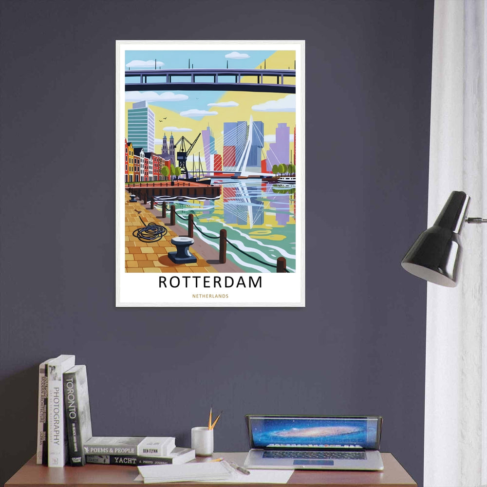 Modern Rotterdam wall art created by MapYourDreams showcasing the iconic Dutch harbor atmosphere with geometric skyline forms, waterfront reflections, urban architecture, and refined contemporary travel poster aesthetics suitable for living rooms, offices, and gallery walls.