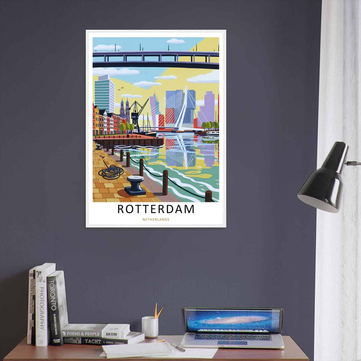 Modern Rotterdam wall art created by MapYourDreams showcasing the iconic Dutch harbor atmosphere with geometric skyline forms, waterfront reflections, urban architecture, and refined contemporary travel poster aesthetics suitable for living rooms, offices, and gallery walls.