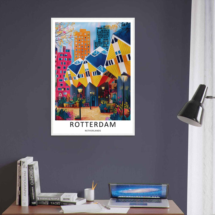 Netherlands futuristic travel artwork featuring the iconic Kubuswoningen residential blocks under a bright daylight sky. An elegant graphic style piece offered as a premium framed poster or canvas wrap.