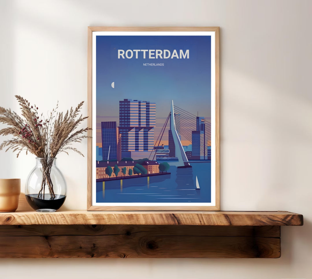 Fine art illustration of a Rotterdam landmark view with a high-rise city center, a single sailboat, and the Erasmus Bridge. MapYourDreams wall decor offered in multiple sizes as an unframed print, framed print, or luxury canvas.