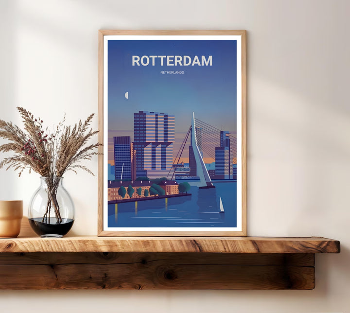 Fine art illustration of a Rotterdam landmark view with a high-rise city center, a single sailboat, and the Erasmus Bridge. MapYourDreams wall decor offered in multiple sizes as an unframed print, framed print, or luxury canvas.