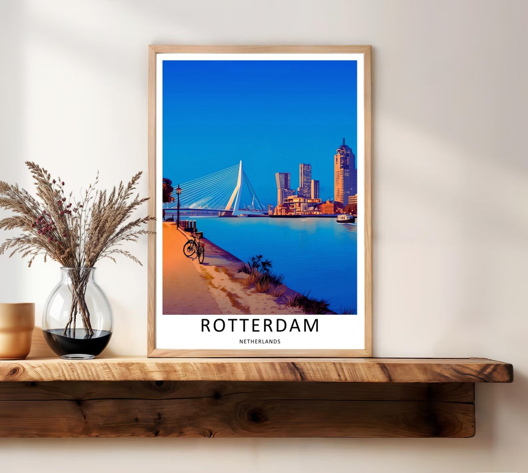 Downtown city skyline print showcasing tall skyscrapers and a glowing white suspension bridge catching night illumination. High-quality wall decor available in versatile framed, canvas, and print options.
