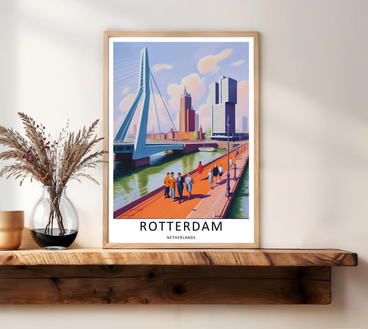 Fine art illustration of a Rotterdam landmark view with a high-rise city center, a classic lamp post, and walking figures. MapYourDreams wall decor offered in multiple sizes as an unframed print, framed print, or luxury canvas.