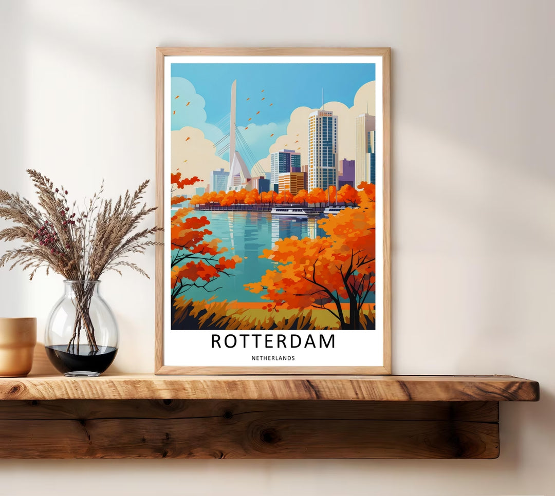 Fine art illustration of a Rotterdam landmark view with a high-rise city center, a white riverboat, and autumn foliage. MapYourDreams wall decor offered in multiple sizes as an unframed print, framed print, or luxury canvas.