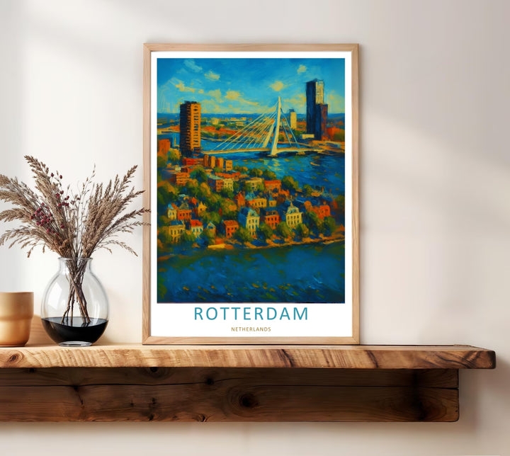 Rotterdam modern travel artwork illustrating a rich palette knife shoreline looking toward contemporary corporate high-rises. This beautiful landscape wall art by MapYourDreams comes as a gallery canvas or custom framed print.