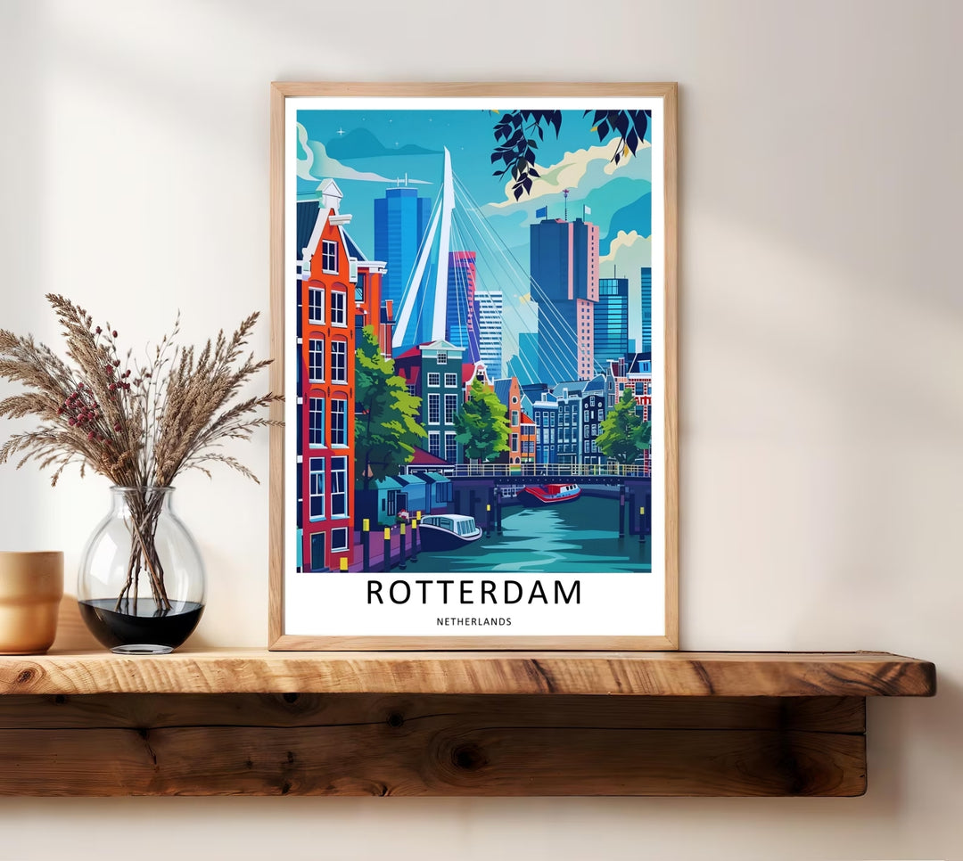A grand white bridge casting geometric stay-cable lines behind a historic canal street in a clean graphic design. A striking poster design perfect for office wall decor as a canvas print, framed art, or poster.