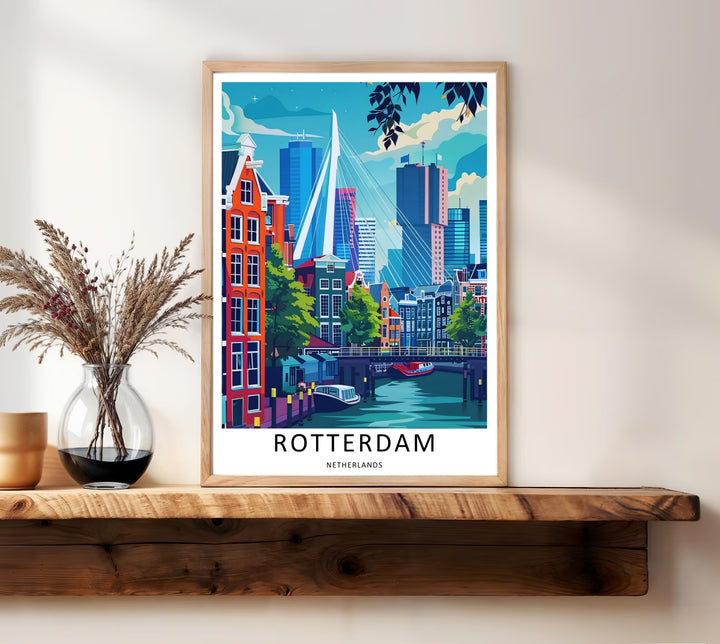 A grand white bridge casting geometric stay-cable lines behind a historic canal street in a clean graphic design. A striking poster design perfect for office wall decor as a canvas print, framed art, or poster.