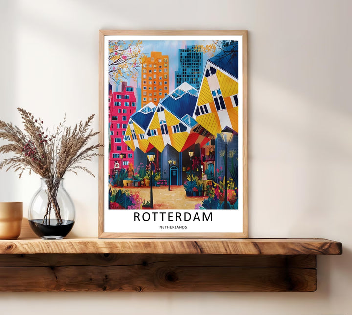 A grand modern housing complex casting geometric shadow lines across an urban garden path in a clean graphic design. A striking poster design perfect for office wall decor as a canvas print, framed art, or poster.