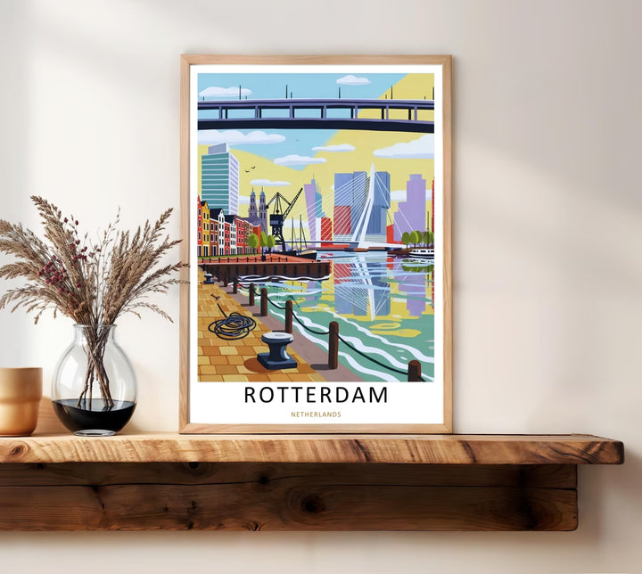 Modern European travel poster by MapYourDreams featuring Rotterdam’s iconic harbor skyline rendered with colorful reflections, clean architectural geometry, and sophisticated contemporary wall art styling for elevated interior design.