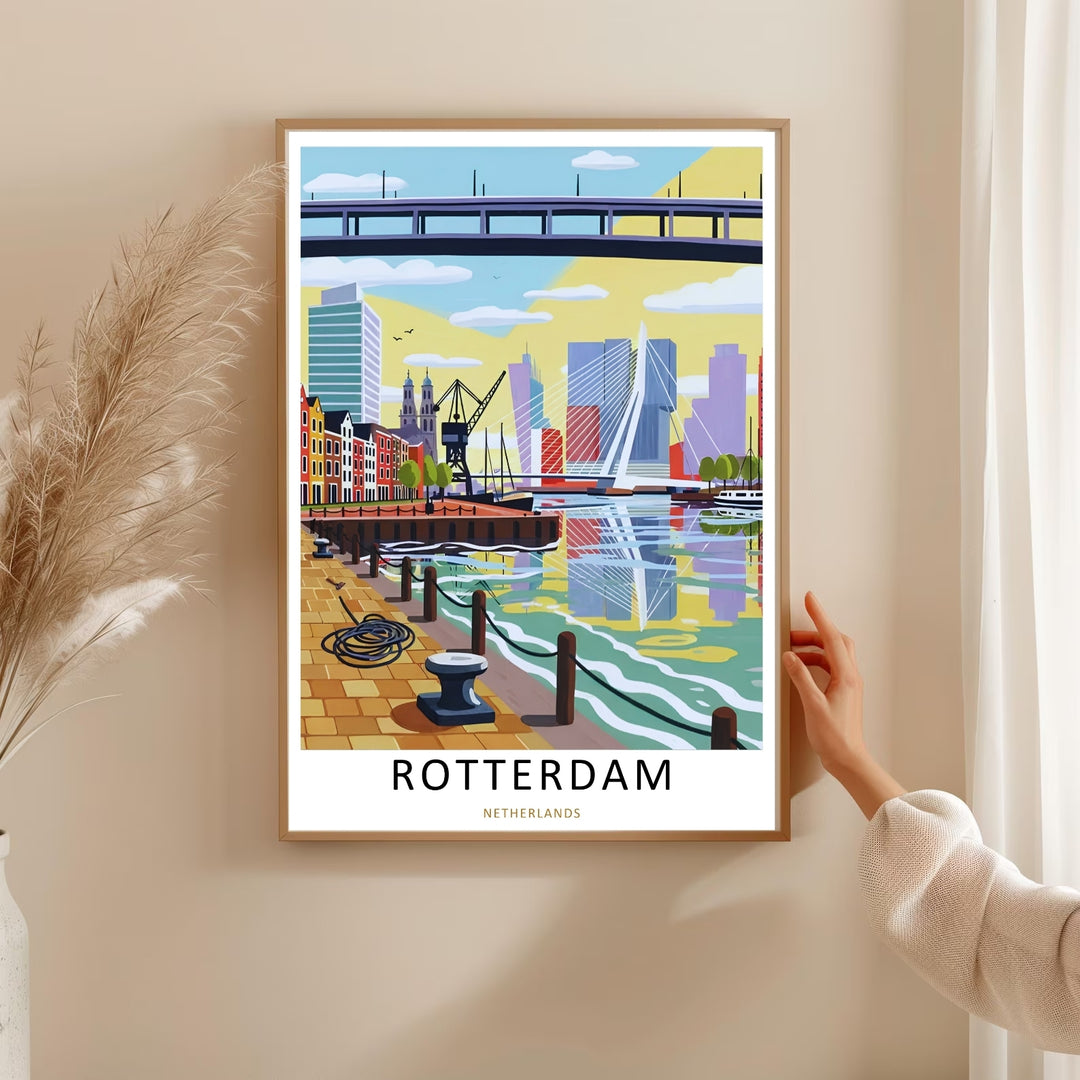 Premium Rotterdam Netherlands art print from MapYourDreams presenting a stylized waterfront scene with modern city structures, elegant reflections across calm water, colorful buildings, and clean architectural composition designed for elevated contemporary home décor.