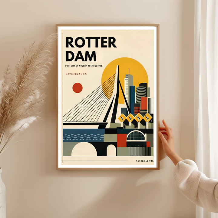 Rotterdam Bauhaus travel artwork illustrating bold lines and flat vector architecture on a neutral cream background. This beautiful landscape wall art by MapYourDreams comes as a gallery canvas or custom framed print.