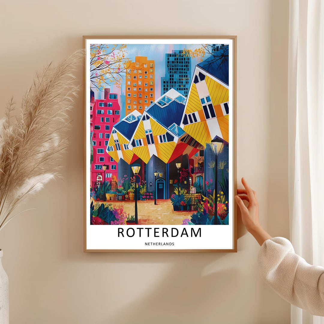 Dutch street-level plaza scene depicting a pedestrian walking path lined with black lamps and colorful potted plants. This MapYourDreams decorative print can be purchased as an unframed poster or custom framed art.