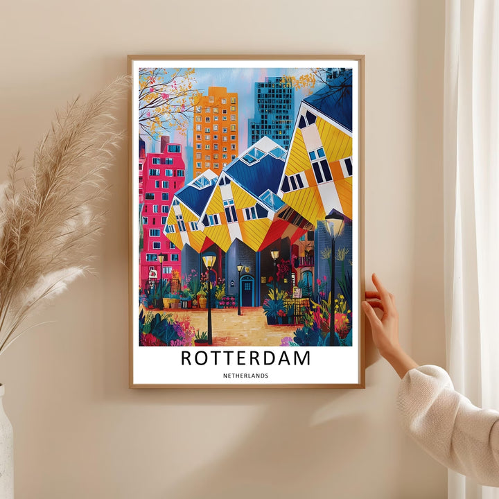 Dutch street-level plaza scene depicting a pedestrian walking path lined with black lamps and colorful potted plants. This MapYourDreams decorative print can be purchased as an unframed poster or custom framed art.
