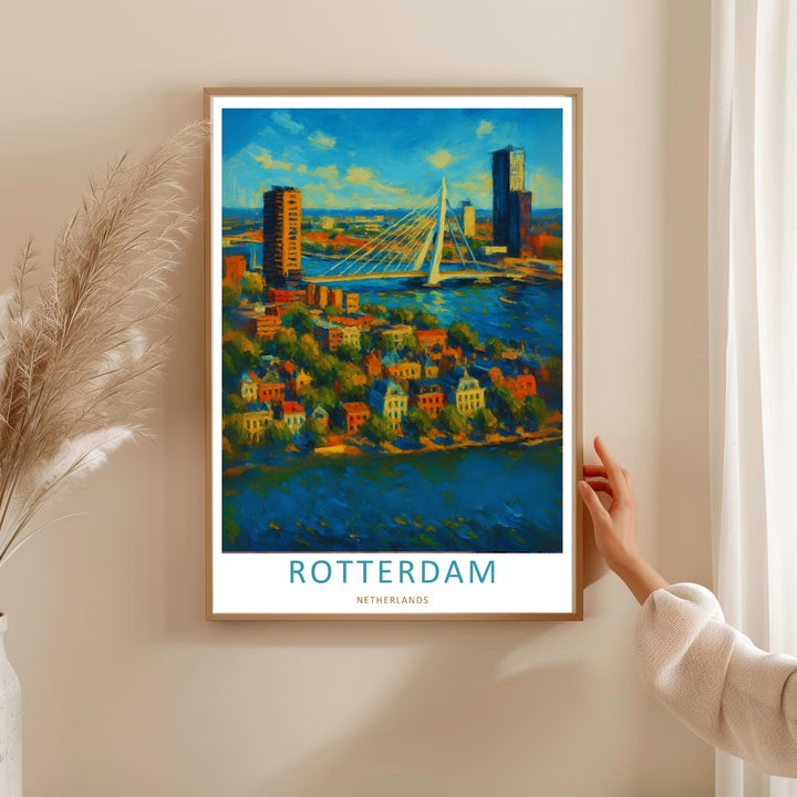 Dutch harbor panorama scene depicting thick strokes of ochre-gold and teal paint across a wide river channel. This MapYourDreams decorative print can be purchased as an unframed poster or custom framed art.