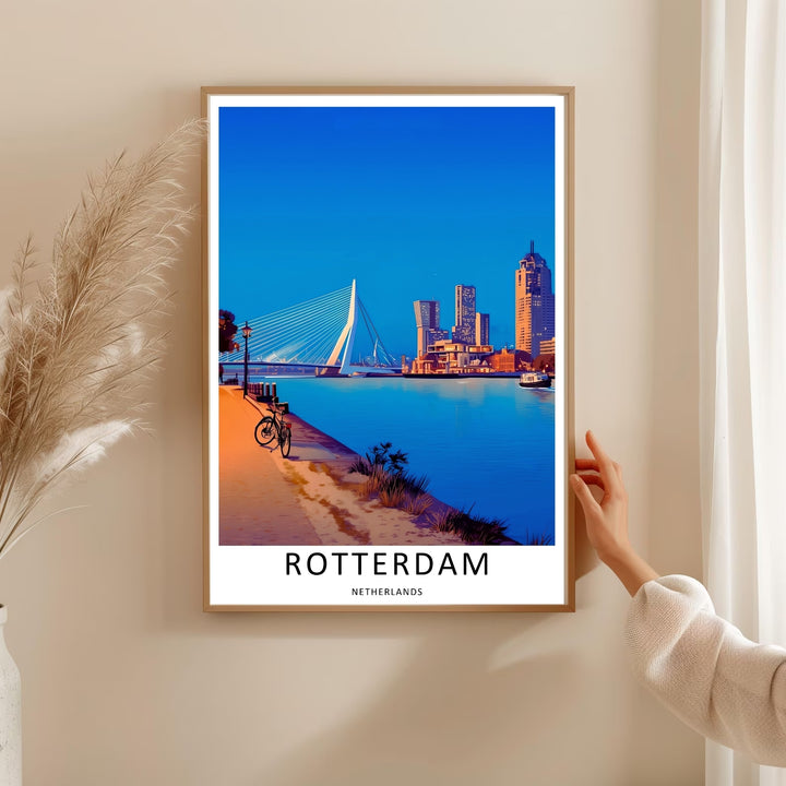 Dutch riversides at dusk depicting golden light columns reflecting across the water from contemporary city buildings. This MapYourDreams decorative print can be purchased as an unframed poster or custom framed art.