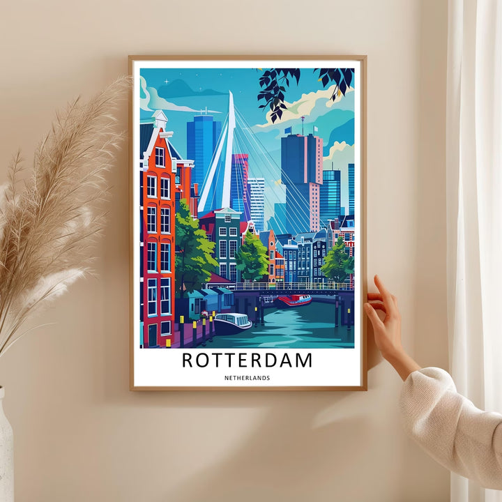 Netherlands neo-vintage travel artwork featuring a classic step-gabled house and futuristic city skyscrapers under a blue sky. An elegant graphic style piece offered as a premium framed poster or canvas wrap.