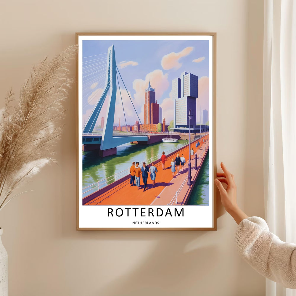 Netherlands riverbank destination art print highlighting a unique artistic approach to the city's modern waterfront boardwalk. Elevate your gallery wall with this MapYourDreams poster available in framed, canvas, and print formats.