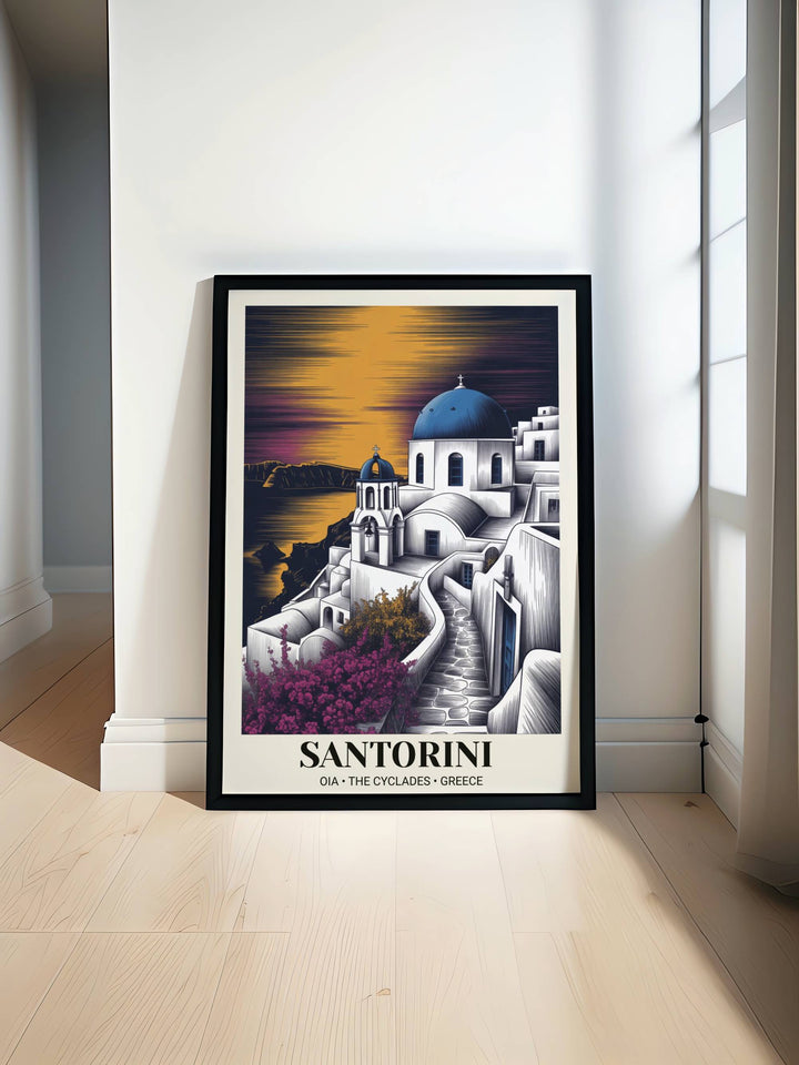 Close-up of a modern-etched Santorini print highlighting fine textured linework on white plaster buildings and blue domes, framed in black to emphasize the high-contrast colors.