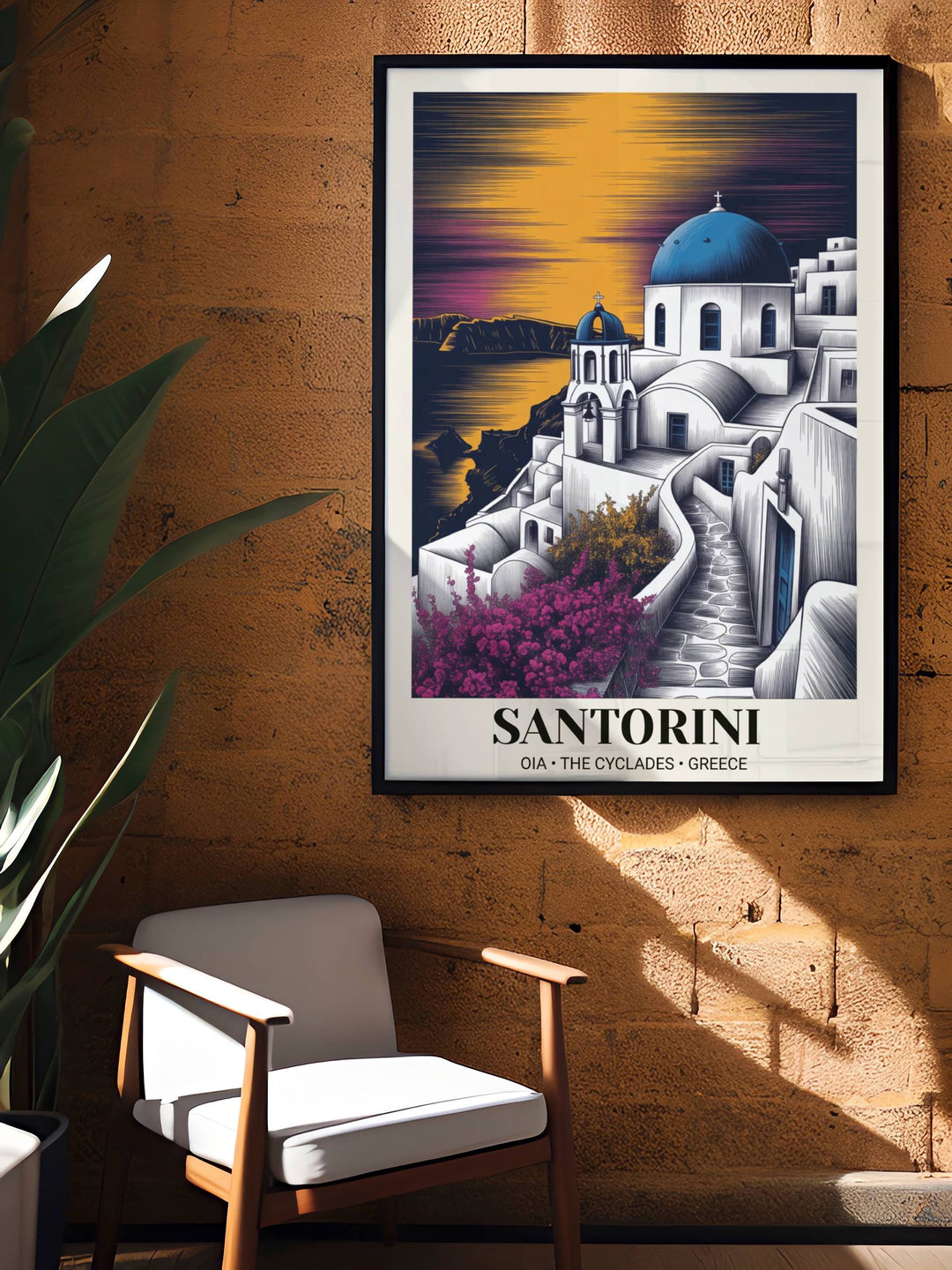 Luxury travel poster of the Greek Cyclades at dusk with deep charcoal shadows and violet alpenglow, professionally framed in black wood to create a dramatic focal point in any room.