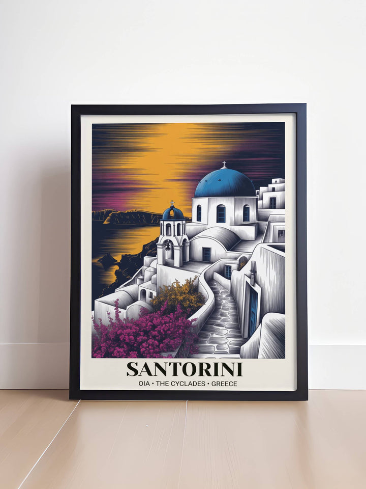 Luxury travel poster of the Greek Cyclades at dusk with deep charcoal shadows and violet alpenglow, professionally framed in black wood to create a dramatic focal point in any room.
