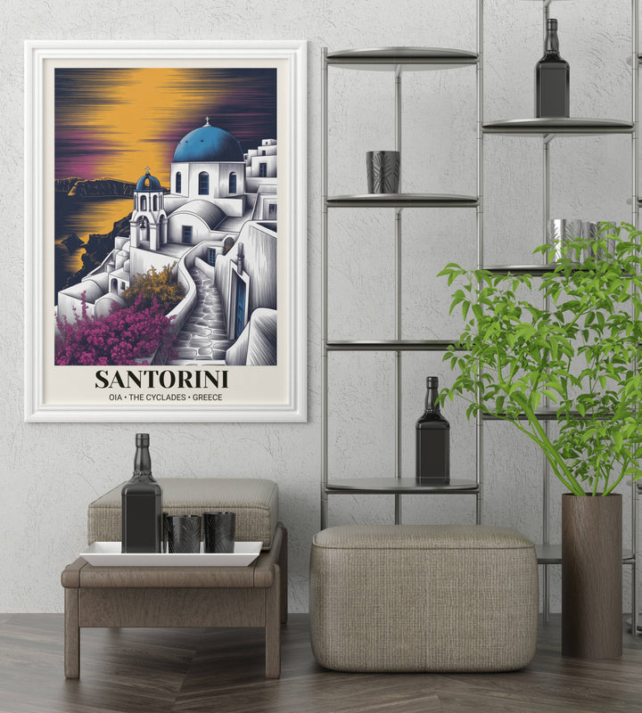 High-contrast Greek island travel poster with a molten-gold sky and deep indigo shadows on white buildings, professionally displayed in a white frame for a modern interior aesthetic