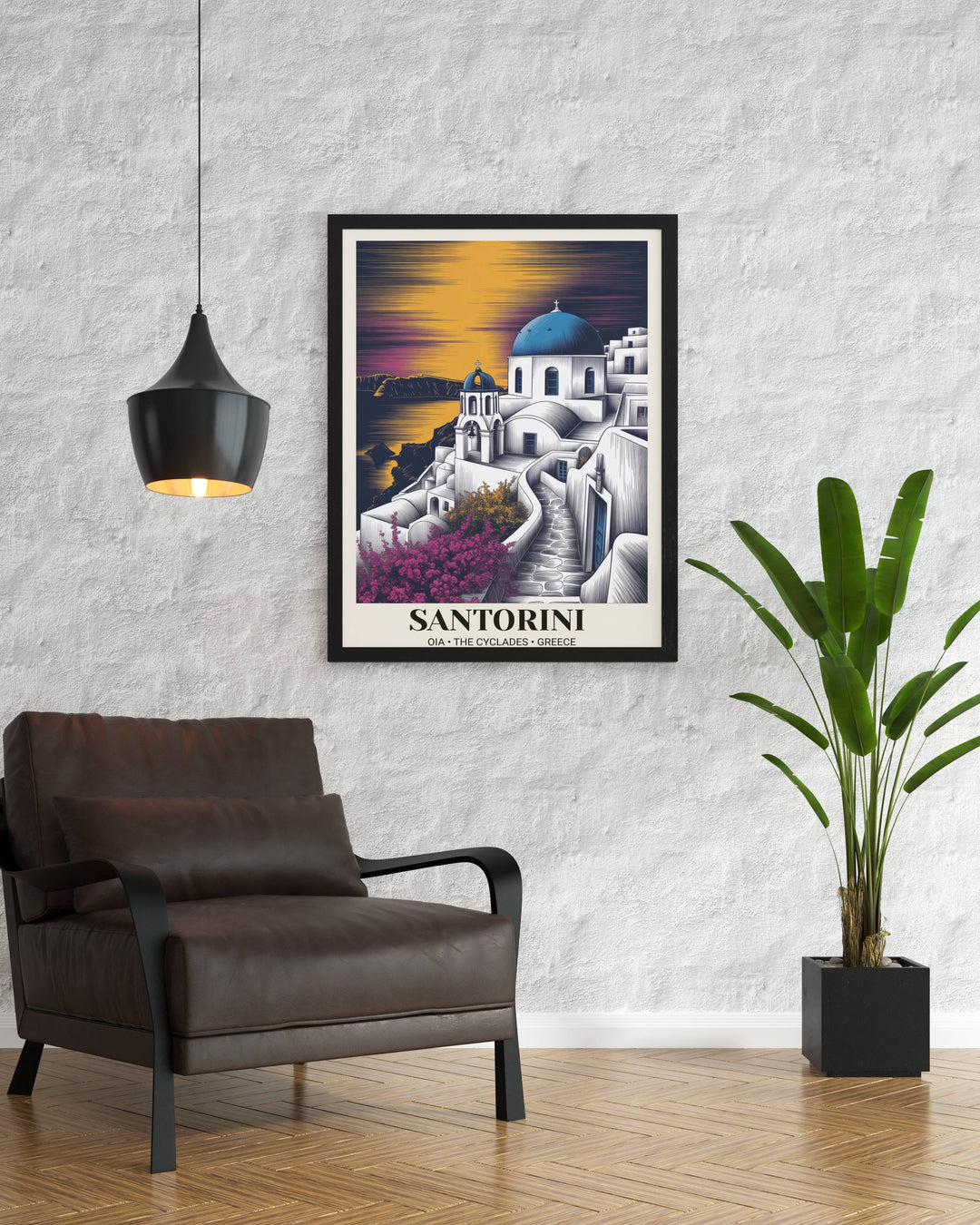 Luxury travel poster of the Greek Cyclades at dusk with deep charcoal shadows and violet alpenglow, professionally framed in black wood to create a dramatic focal point in any room.
