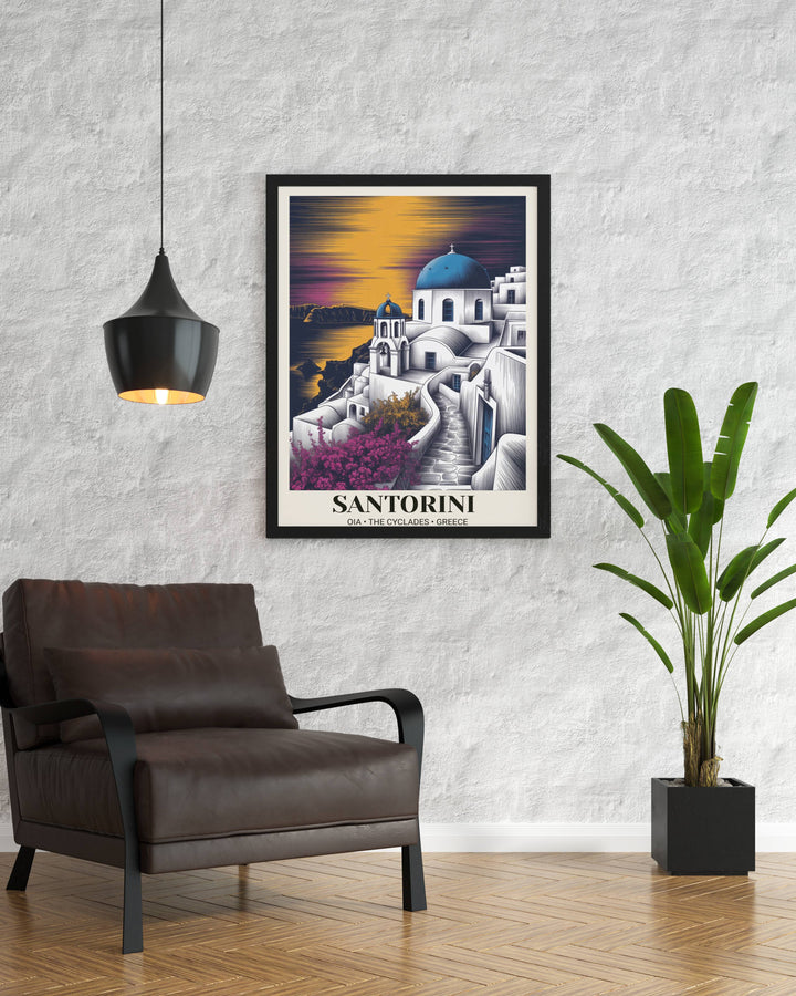 Luxury travel poster of the Greek Cyclades at dusk with deep charcoal shadows and violet alpenglow, professionally framed in black wood to create a dramatic focal point in any room.