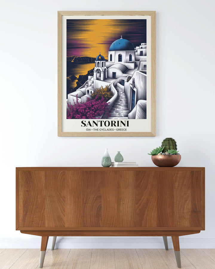 Cinematic sunset over the Cyclades Greece with high-contrast etched lines on volcanic architecture, showcased in a natural wood frame to add a warm, organic feel to home decor.
