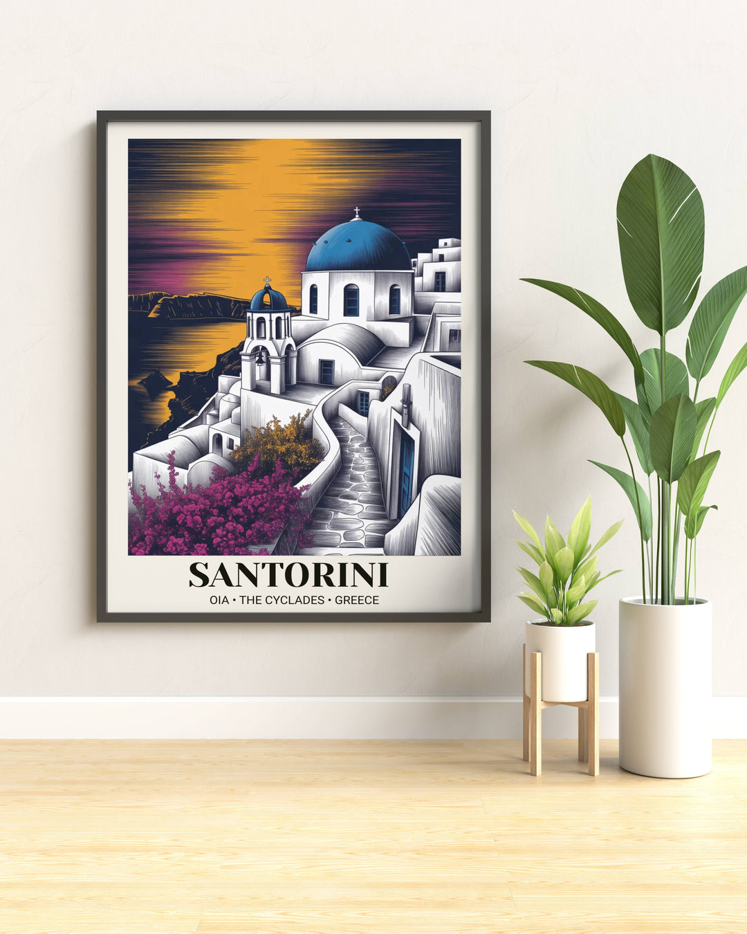 Luxury travel poster of the Greek Cyclades at dusk with deep charcoal shadows and violet alpenglow, professionally framed in black wood to create a dramatic focal point in any room.