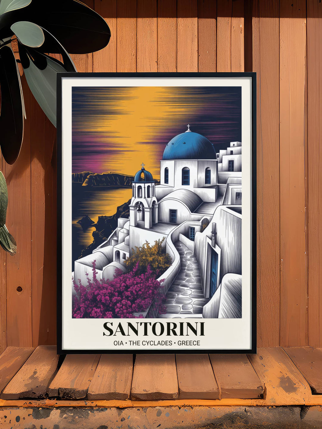 Luxury travel poster of the Greek Cyclades at dusk with deep charcoal shadows and violet alpenglow, professionally framed in black wood to create a dramatic focal point in any room.