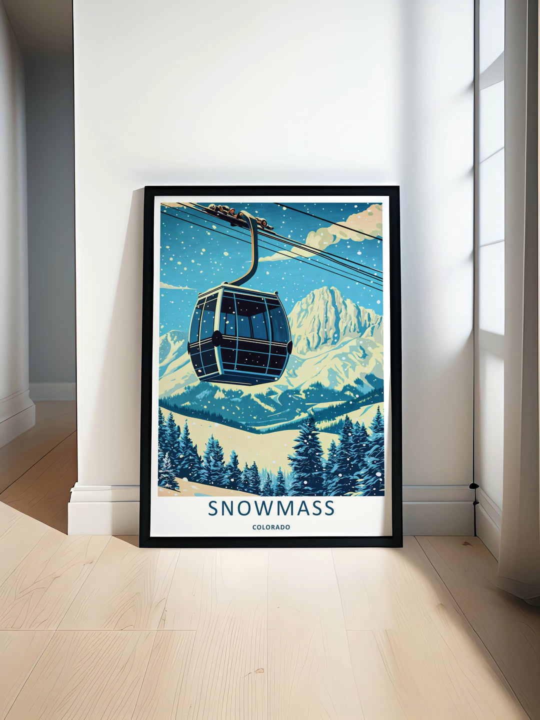 Minimalist Snowmass Colorado travel poster of the iconic close-up ski gondola scene overlooking the Rocky Mountains without text, customizable as a textured canvas piece or a wood framed wall accent.