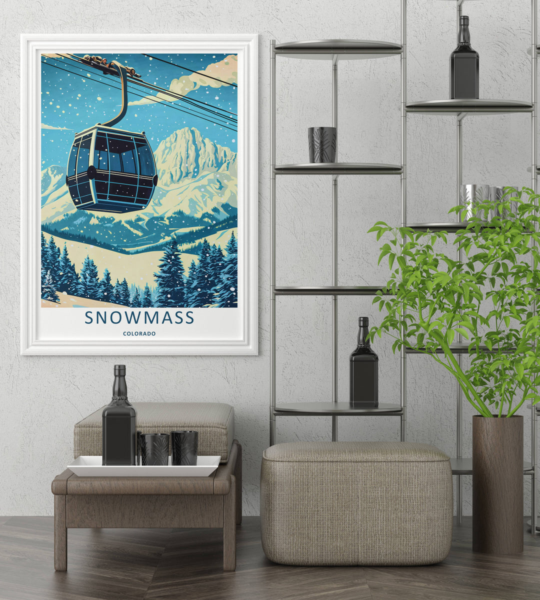 A detailed artistic Snowmass Colorado travel poster displaying a dynamic close-up view of a ski lift cable path in the Rocky Mountains, selectable as an elegant canvas format or a loose matte poster print.