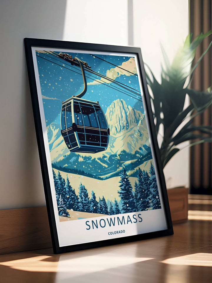 A stunning ski resort theme print showcasing fluid mountain geometry and snow-capped pine trees framing the peak slopes of Snowmass Colorado, available in flexible unframed, canvas, or framed layouts.