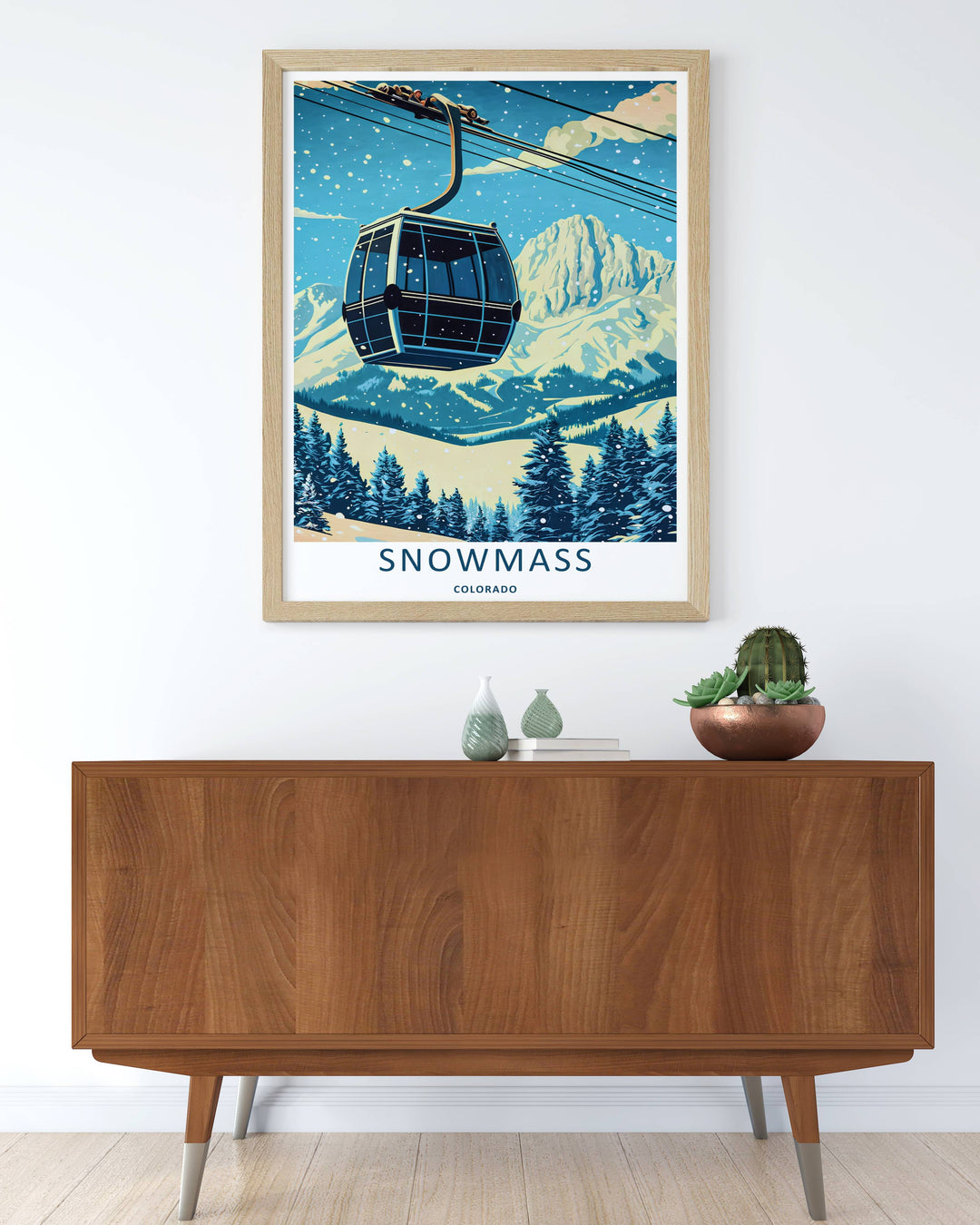 Colorful graphic illustration print of the world-famous winter wonderland scenery and slopeside lifts of Snowmass Colorado, crafted as a premium canvas wall print or a luxury gold framed gallery piece.
