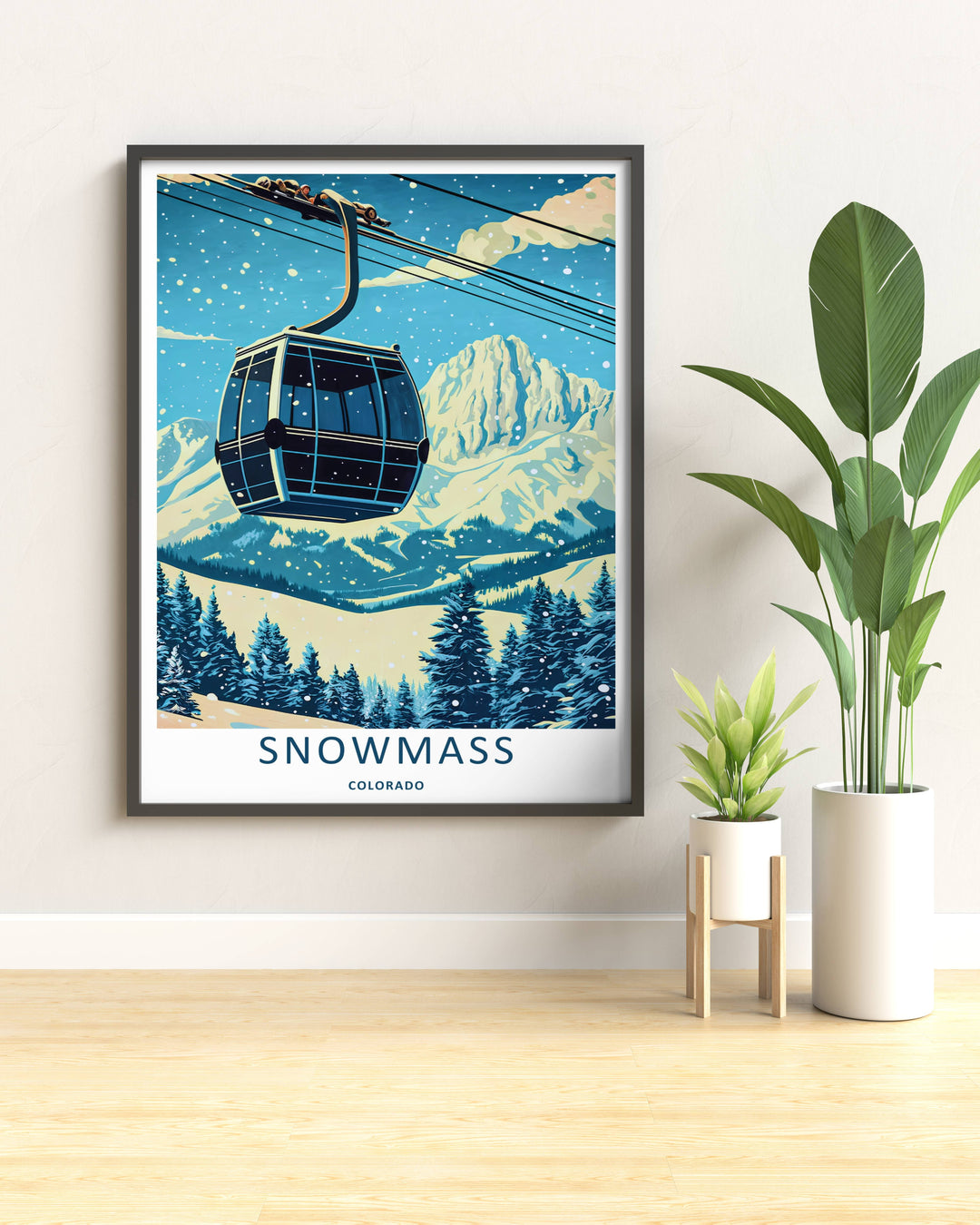 Modern wall art featuring a retro mid-century style layout of a close-up ski lift cabin in Snowmass Colorado, which can be ordered as a stretched canvas format, a standalone poster, or a pure gold frame.
